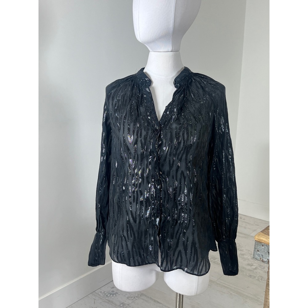 Rebecca Taylor Black Metallic Tiger Stripe Sheer Button Down Blouse Size 2